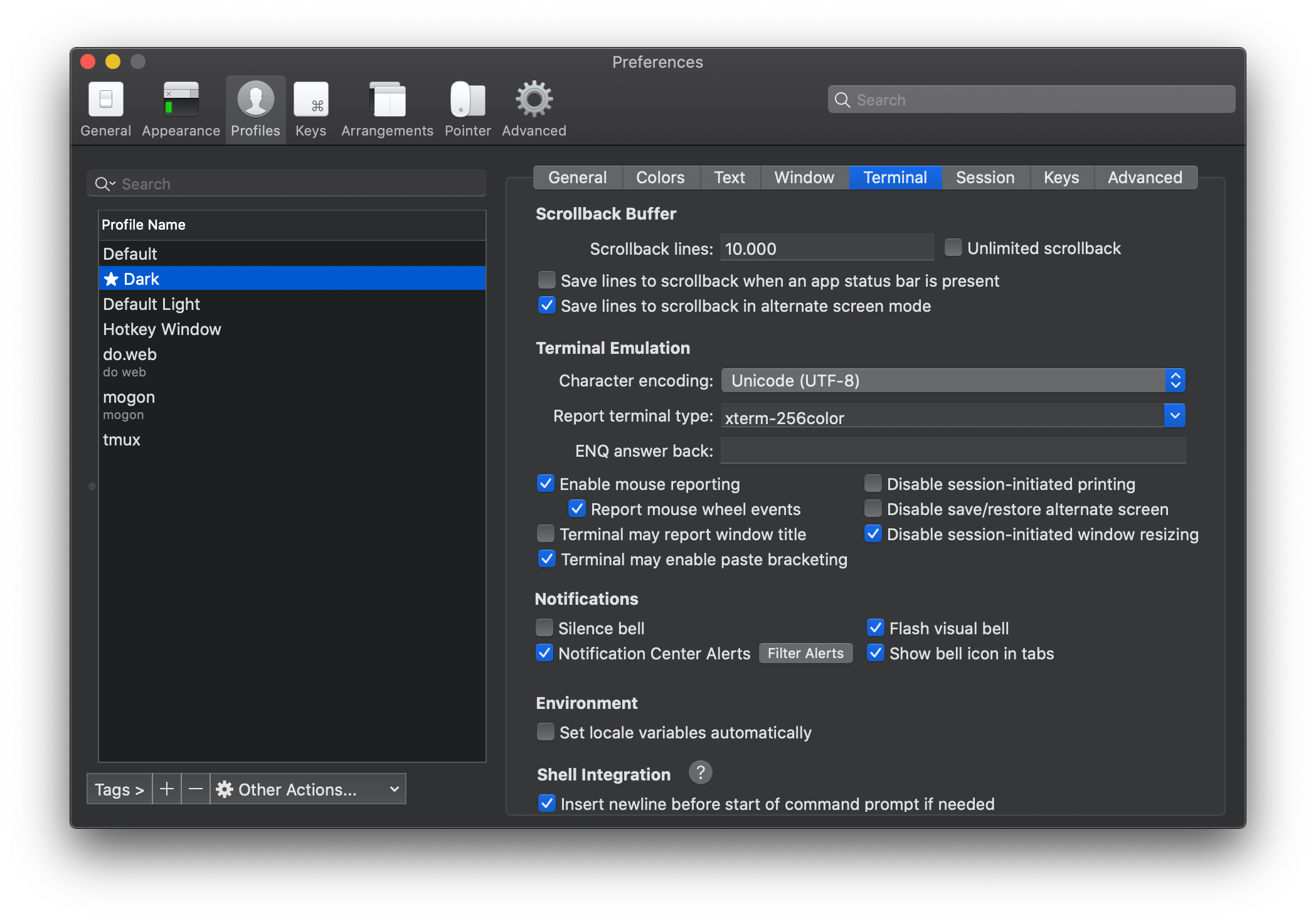Setting for TERM in iTerm on macOS